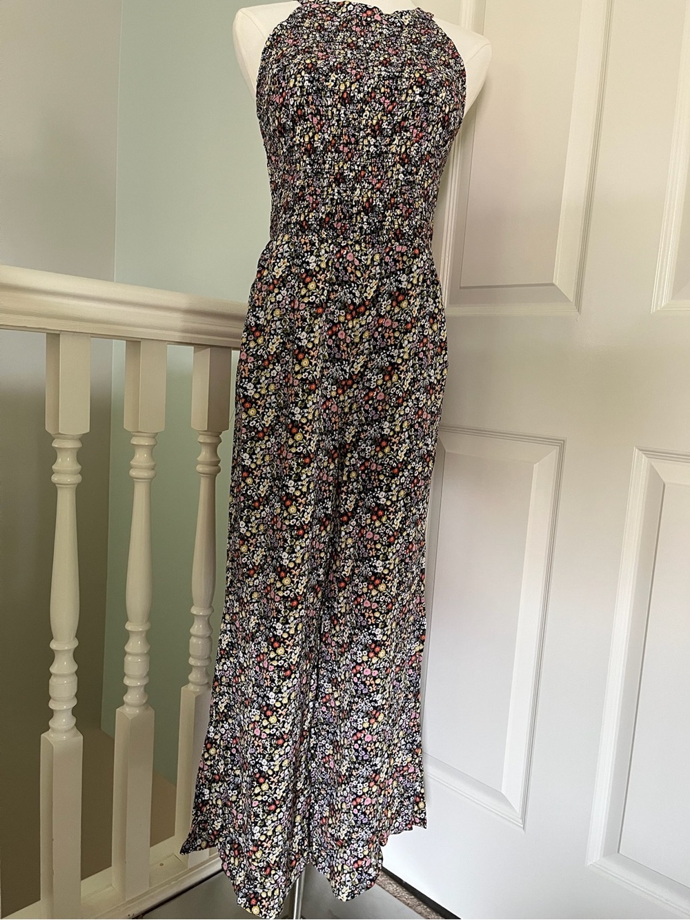 LOFT Sleeveless Wide Leg Black DitsyFloral Halter Romper Jumpsuit smocked bodice